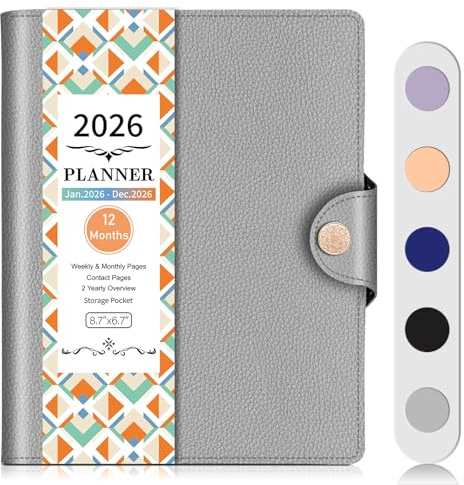 BLESWIN Kalender 2026-12 Monate Kalender 2025 Buchkalender A5, Jan.2026 - Dez.2026, Monats- & Wochenplaner Pu Leder Cover, Terminplaner 2026 A5 1 Woche auf 2 Seiten, Perfekter Organizer Grau
