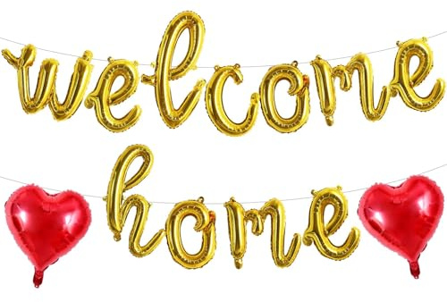 DecoGlee Welcome Home Balloons,Gold Cursive Welcome Home Foil Balloons Banner 16 Inch Party Decorations for Homecoming Party Decorations House Warming Family Gathering Supplies