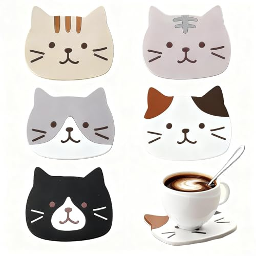 Aiyraa 5 PCS Cute Cat Coasters, Non-slip, PVC, Funny Cat-Shape Cup Mats, Practical Coffee Coaster for Home, Office, Coffee/Tea Shop, Gifts for Cat Lovers