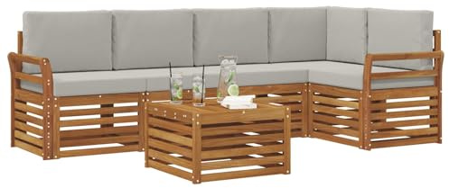 vidaXL Sofagarnituren 6 pcs Natürlich und Hellgrau Massivholz Akazie, Moderner Outdoor-Sofa, strapazierfähiges Möbel für Garten, Bequeme Lounge-Sitzgruppe für die Terrasse