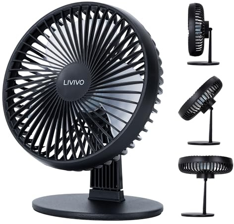 LIVIVO 6 USB Desk Fan - Compact 3 Speed Mini Fan with Weighted Steel Base - Type-C Powered Small Fan for Desk, Office, Bedroom & Table Top Cooling (Black)