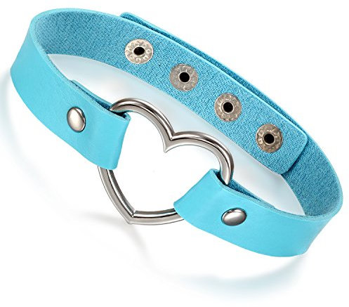 Flongo Choker Leder Halsband Lederhalsband Damen, Leder Halskette Halsband Anhänger Choker Tattoo Kette Blau Silber Herz Einstellbar Verstellbar Gothic Punk Rock Damen
