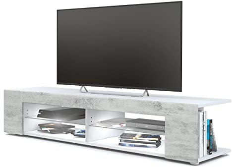 Vladon Lowboard Movie, TV-Kommode mit 4 offenen Fächern und Zierleisten, Weiß matt/Beton Oxid-Optik, inkl. LED-Beleuchtung weiß (134 x 29 x 39 cm)