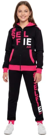 A2Z 4 Kids Girls Boys #SELFIE Tracksuit Hoodie & Joggers Outfit Set Top & Bottom - T.S Selfie 01 Black & Pink 5-6