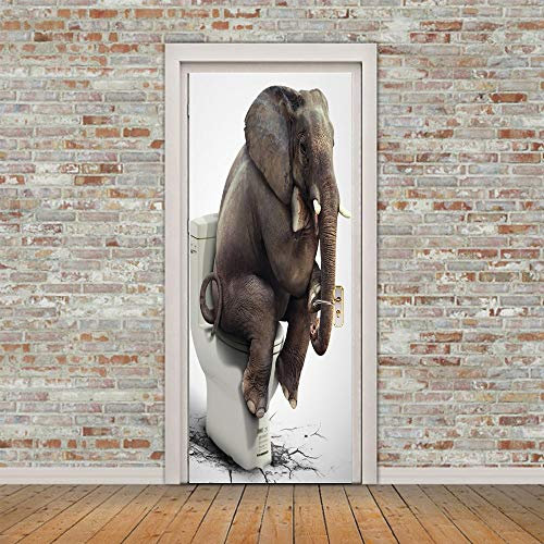 3D Türaufkleber Elefant auf der Toilette Türtapete Wandbild Selbstklebend PVC Wasserdicht Abnehmbar Türfolie TürPoster Fototapete Wohnzimmer Schlafzimmer Haus Dekoration 77x200cm