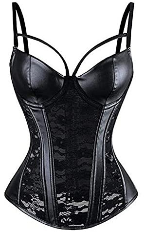 Woboren Damen Burlesque Vollbrust Faux Leder Korsett Corsage Top Bustier Schwarz (Schwarz, S)