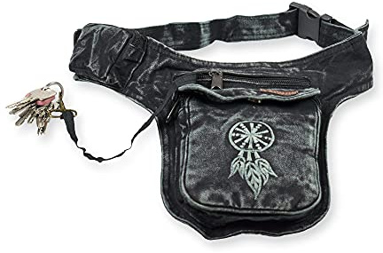 Bauchtasche Gürteltasche Hüfttasche Festivaltasche Sidebag Hippie Goa Stone-Washed Traumfänger Schlüsselband Nepal (Grau)
