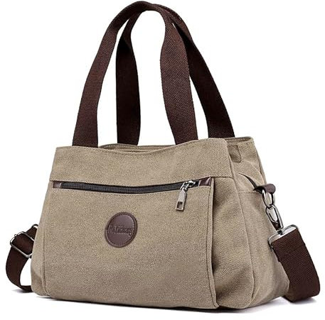 DIRRONA Sac Bandoulière Femme Grand en Toile Mode - Sac à Main Multi-Poches avec Bretelles Réglables, Style Vintage Antivol, Lavable, pour Travail, Shopping et Usage Décontracté Kaki Chaud