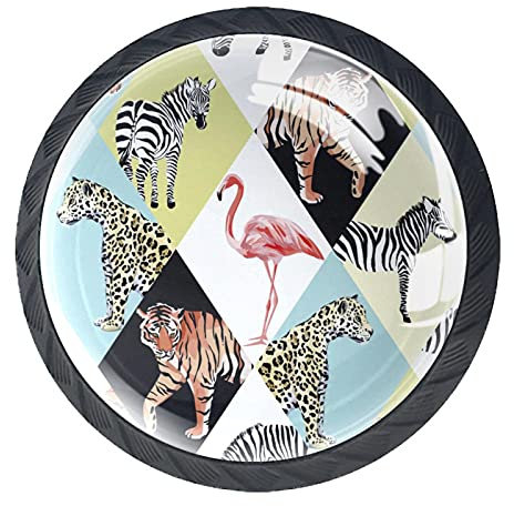 Set of 4 Tropical Animal Tiger Leopard Flamingo Zebra Cabinet Knobs Handles Pulls for Drawer Closet Dresser Cupboard Wardrobe Furniture Door Kitchen