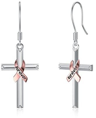 PEIMKO Kreuz Ohrringe Bewusstsein für Brustkrebs 925 Sterling Silber Zirkonia Kreuz mit Pink Ribbon Survivor Ohrringe Schmuck Geschenke für Frauen