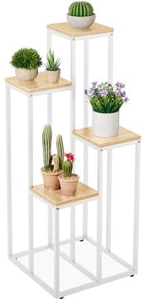 Relaxdays Blumentreppe, 4 Ablagen, HxBxT 100 x 40 x 40 cm, platzsparend, Stahl und MDF, Design Blumenetagere, weiß-Natur