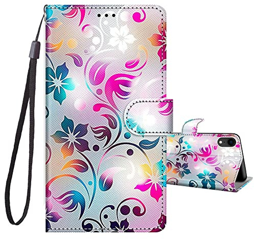 JRIANY Wallet Flip Case for iPhone XR with Card Holder, Flower B | PU Leather Phone Case with Card Slots, Cute Pattern Animal Design, Shockproof Protective Cover, Wrist Strap, Magnetic Closure