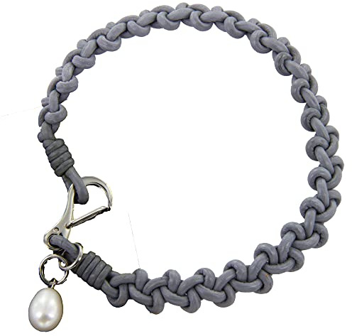 Erdenfeuer graues Lederarmband geflochten mit Perle Schnappverschluss aus Edelstahl