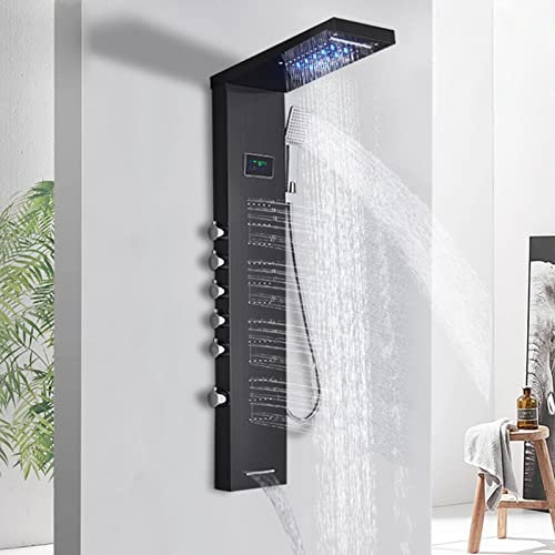 LED Shower Panel Tower System Black, Shower Column with Digital Display, Multi Function Shower System with Rainfall, Waterfall, Massage, Hand Shower, Tub Spout, Bath Shower Mixer Tap