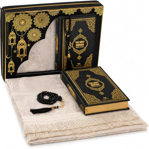 ihvan online Prayer Gift Box for Hajj and Umrah, Quran with English Translation, Prayer Rug, Beads, Deluxe Set for Ramadan & Eid Gift…