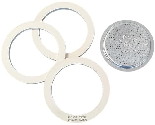 Harren24 filtro y 3x junta para cafetera espresso, compatible con cafetera espresso Bialetti para 2 tazas, Ø exterior 57 mm, 5,7 cm, Ø interior 49 mm, 4,9 cm, junta de recambio