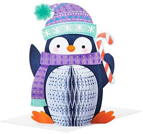 Hallmark Paper Wonder 25575524 Pop-Up-Weihnachtskarte, süßer Wabenpinguin mit Zuckerstangen-Motiv, mehrfarbig