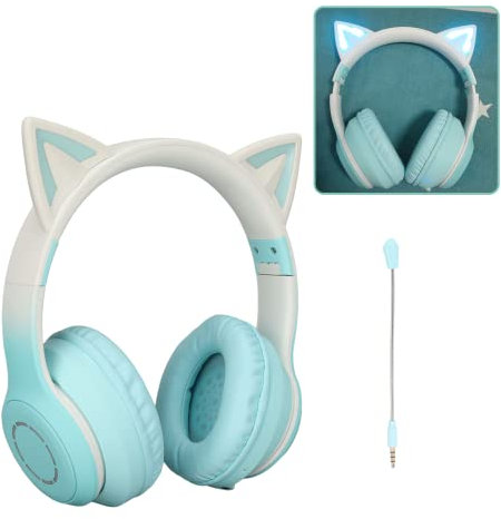Gugxiom Cat Ear Headphones, Wireless Gaming Headsets via Bluetooth 5.1/3.5mm AUX Cable, Foldable Headphones with 7 Colors LED Lights and 4 LED Modes for Girls, Adults (Vegetable)