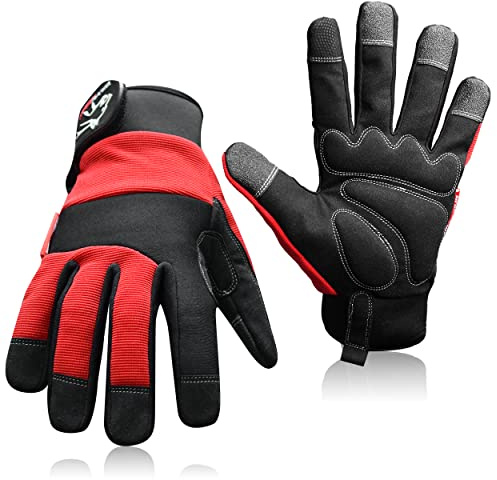 Wolveskin Safety Work Gloves Men & Women - Utility Mechanic Working Gloves for Multi-Purpose, Synthetic Leather, Heavy Duty, Firm Grip, Touchscreen Capable, High Dexterity and Flexible (Red, Medium)