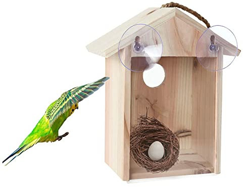 Jildouf Vogelhäuschen aus Holz für draußen | Vogelhäuschen mit starkem Saugnapf und Lanyard für draußen,Fenster-Vogelhäuschen mit starken Saugnäpfen, Vogelhaus für Fenster, durchsichtiges Vogelnest
