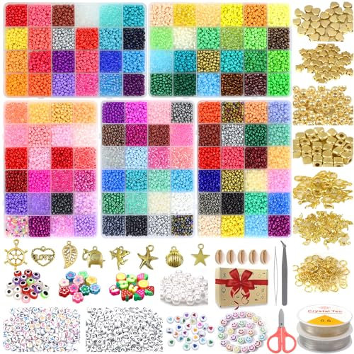 120 Farben 15093 Stück Perlen Set für Armbänder, 4mm Perlen zum Auffädeln, Rocailles Selber Machen mit 300pcs Buchstaben Perlen&Anhänger für DIY Schmuck Halskette Ohrring