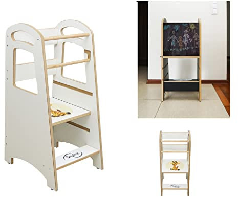 Skyline Steh und Lernturm Baby ab 1 Jahr Montessori Learning Tower Höhenverstellbar Tritthocker Kinder Indoor Möbel Kinderzimmer Trittschemel Kitchen Helper Hochstuhl mit Tafel Board (Weiß/Giraffe)