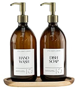 Little Crafts London - Set Of 2 Amber Glass Bottle 500 ML With Stainless Steel Pump & Oval Acacia Tray - Hand Wash & Dish Soap (Bronze 3)