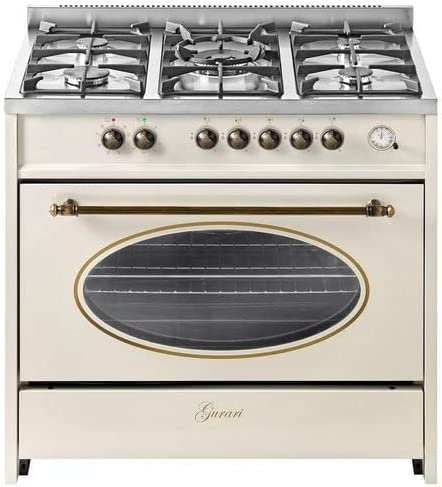 GURARI Fornello a gas 914 Creme Retro, Retro a Gas Elettrico 90 cm/Nostalgie Range Coocker/121L / 8 funzioni/aria calda/barbecue / 5 bruciatori di alta qualità / 4 kw WOK/gas naturale/gas propano