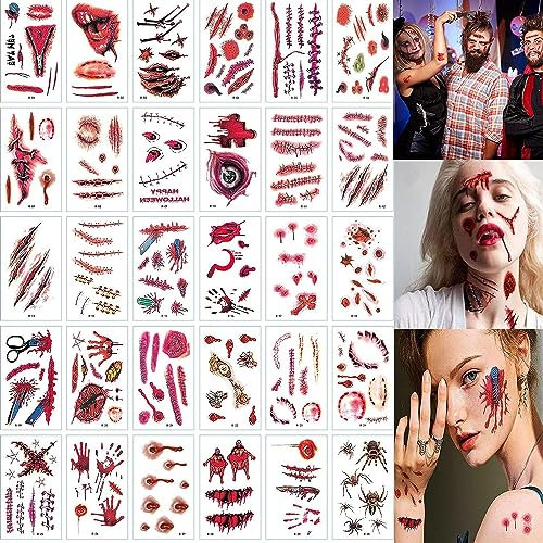 30 Blatt Halloween Temporäre Tattoo-Realistisch Wirkende Narben Wunden Tattoo, Schaurig Blutige Vampir Zombie Tattoo für Cosplay Party Deko Zubehör Kinder Erwachsener Make-up Requisiten