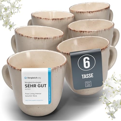 Juego de 6 Tazas de Café Estilo Rústico - Vajilla Completa de Steingut Premium, Apta para Lavavajillas - Set Moderno de Tazas para Té y Café - Pure Living en Color beige