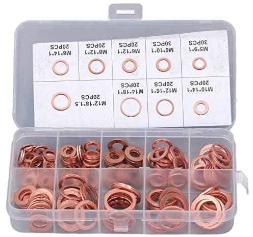 200 Pièces Joint de Bouchon de Vidange D'huile en Cuivre Rouge 9 Types Kit de Rondelle d'étanchéité avec Traitement Thermique, Solide et pour Bouchon à Vis de Carter