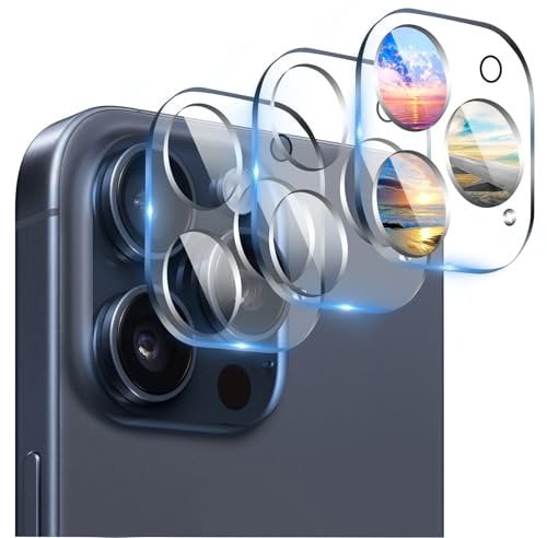 Proteggi Obiettivo Fotocamera (Confezione da 3) Compatibile con iPhone 15 Pro 6.1 e iPhone 15 Pro Max 6.7 Protezione Copri Obiettivo Fotocamera, Vetro Temperato 9H, HD Trasparente Antigraffio