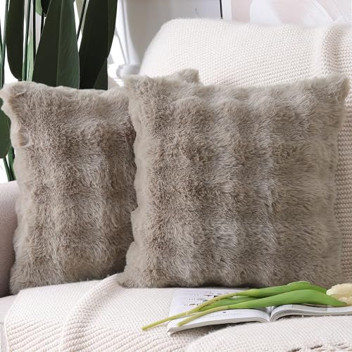 Madizz 2er Set Sanft Plüsch Kurze Wolle Samt Dekorativ Zierkissenbezüge Luxus Stil Kissenbezug für Sofa für Schlafzimmer Taupe 45x45 cm