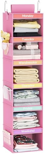 Fixwal Wochenkleider-Organizer mit 6 Ablagen für Kinder, Tagesregal, Hängeschrank-Organizer mit 6 Seitentaschen, Wochentage, Hängeregale (Rosa)