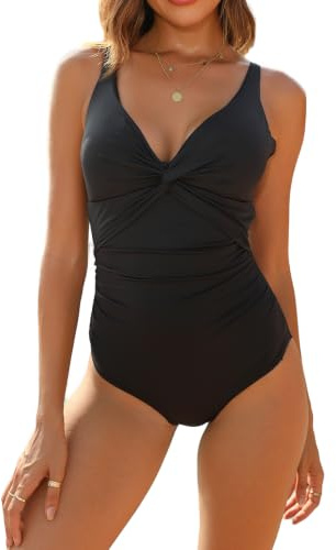 Veranobreeze Costumi da Bagno Interi per Donna Scollo a V Costume Intero Donna con Controllo della Pancia Monokini con arricciature, per Coppe da D a G(Nero, EU42)