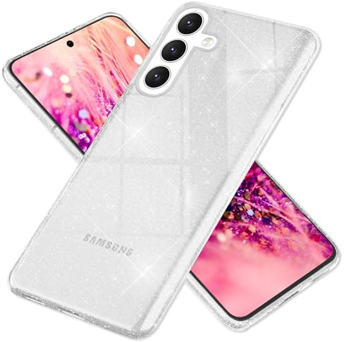 NALIA Glitzerhülle für Samsung Galaxy S24 Plus - Hülle, Transparent | Reflektierende Partikel im Material verschmolzen, Geschmeidige Oberfläche, Erhöhte Kanten an Kamera und Display