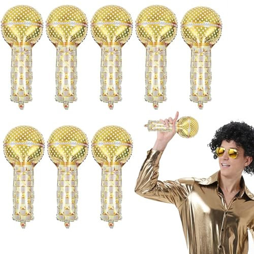 PRVCFZ 8 PCS Inflatable Microphone, 53 * 26cm Gold Blow Up Party Props, Toy Microphone for Star Party Supplies, Christmas Birthday Gifts, Stage Performance