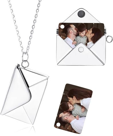 MeMeDIY Personalized Locket Necklace Envelope Love Letter Necklaces with Secret Message/Letter Necklace Personalized Heart Photo Angel Wings Locket Necklace for Woman -A1 Photo