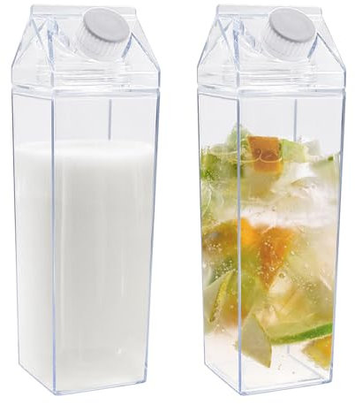 Iceten 2PCS 500ml /17Oz Plastic Clear Milk Carton - Square Milk Carton Water Bottle, Empty Reusable Milk Container, Portable Juice Bottles for Storing Homemade Beverages, Milk, Water