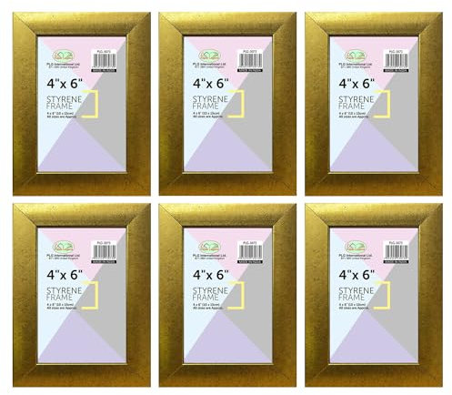 (Pack of 6) – 6 x 4 Inches Elegant Design Photo Frame With Styrene Front Small Picture Frame Solid Wood 10 x 15 CM For Home Family Office Decor, Classic Wall Mountable & Tabletop Frames (Gold)