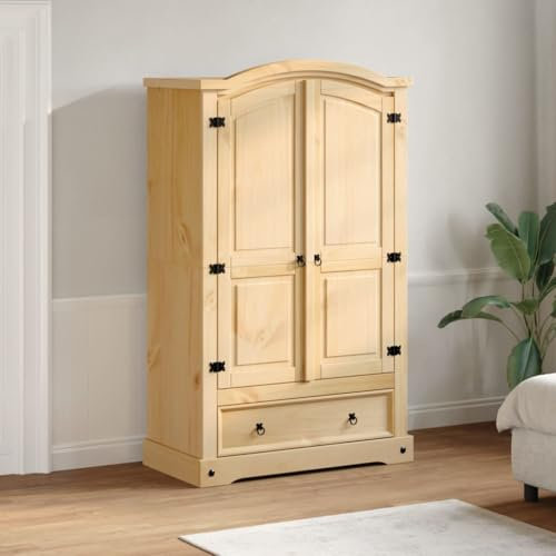 KOIECETA Kleiderschrank Garderobenschrank mit Ablage Schublade Metallgriffe Hochschrank für Schlafzimmer Flurschrank Schrank Massivholz Kiefer (101x52x170 cm)