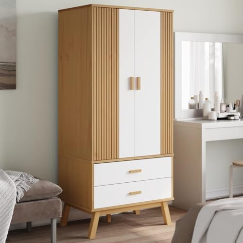 Homgoday Kleiderschrank Aufbewahrungsschrank Mehrzweckschrank Garderobenschrank Drehtürenschrank Lagerschrank Schlafzimmerschrank Weiß Braun 76,5x53x172cm Massivholz Kiefer