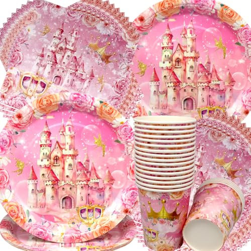 Doyomtoy Pink Castle Princess Girls Birthday Party Decoration, Pack of 60, Includes Plates, Cups, Napkins for 20 Guests