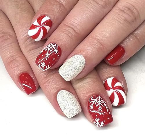 Calkkrer Lot de 24 faux ongles courts brillants à coller - Motif flocons de neige blancs - Rouge avec paillettes blanches
