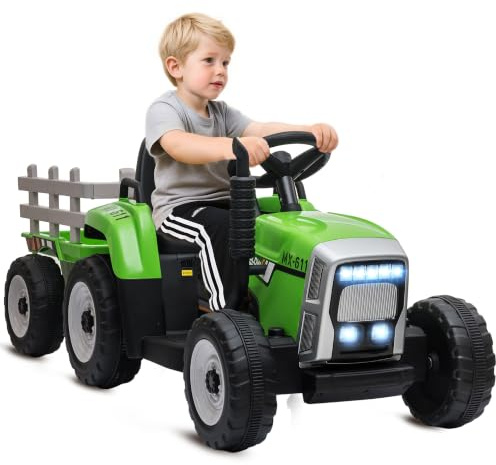 HOMCOM Tracteur Électrique avec Remorque Amovible 12V 3-6 km/h Vert | Voiture électrique Enfants 3-6 Ans, Télécommande, MP3, Musique, Affichage, Lumières, Ceinture de Sécurité