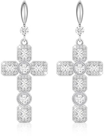 Linawe Kreuz Ohrringe Hängend Silber, Ohrhänger Damenohrringe Schmuck Set, Moissanite Geburtsstein Tropfen Ohrringe Modeschmuck, Weißgold Kreuz Anhänger Kristall Ohringe