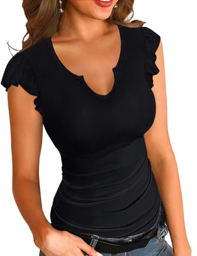 Necooer Ladies Ruffle Shirt V-Neck Round Neck Short Sleeve Ribbed Casual T Shirt Fitted Top Summer Black Tops(Black,M)