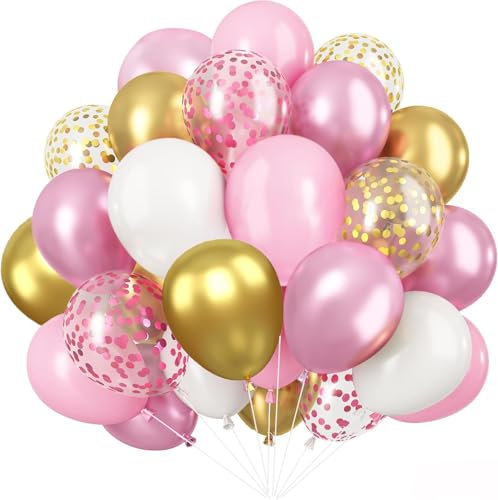 Palloncini rosa, 60 palloncini da 12 pollici, in lattice, palloncini rosa e oro, con coriandoli a elio, adatti per decorazioni di compleanno, feste, baby shower e matrimoni