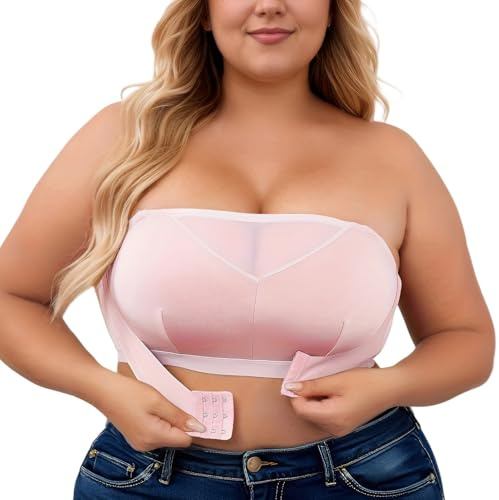 Adigau Femme Soutien-Gorge sans Bretelles Forte Poitrine Bandeau sans Rembourré Boucle Avant Brassière sans Couture Respirant Rose 4XL