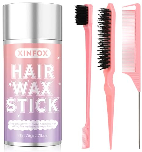 Hair Wax Stick, Slick Back Hair Brush, Wax Stick for Flyaways, Rat Tail Comb Edge Brush Styling Tool Set Accessories for Women Girls(Pink)